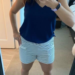 Cute white shorts with navy stripes, zipper detail
